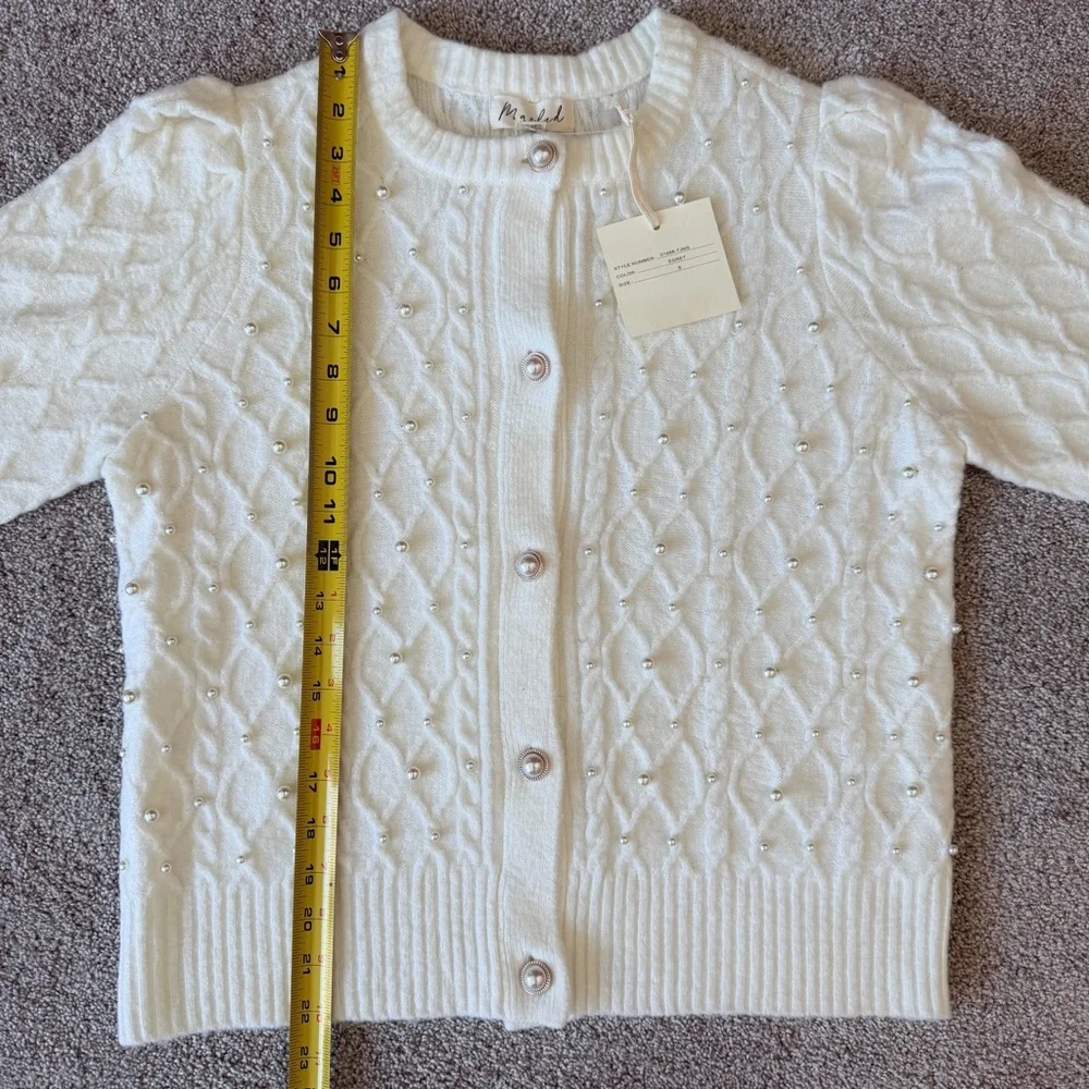 Marled Cable Knit Off White Cardigan Sweater with Pearl Details, Sz S